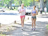 Jogging Honeys Teddi Rae And Veronica Weston Flash Their Hot Bodies And Make Out In Public.