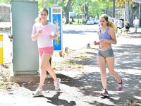 Jogging Honeys Teddi Rae And Veronica Weston Flash Their Hot Bodies And Make Out In Public.