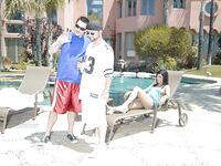 Raven Haired Slender Hottie Eva Ellington Gets Shared By Two Dudes At The Poolside