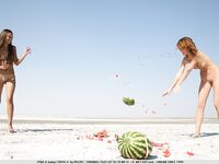Two Naked Slender Sweeties Itna A And Freya A Eat Watermelon On The Beach
