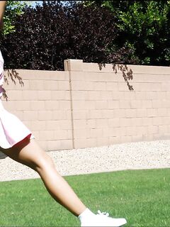 Jordan Capri With Small Tits And Bald Pussy Removes Everything Apart From Her Tiny Pink Skirt