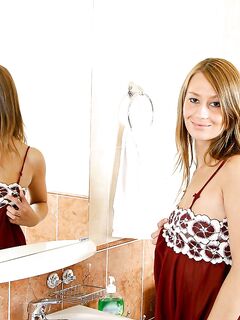 Excited Teen Ash Nubiles Strips In The Bathroom And Satisfies Her Pussy By Water Stream.