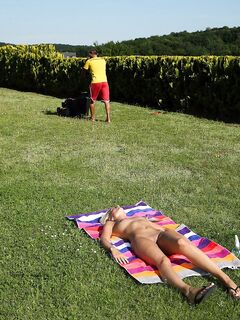 Sexy Blonde Jessie Jazz Tanning On The Lawn Is Lucky To Have Sex With A Gardener