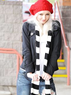 Playful White Haired Girl In Jeans Layden Sin Flashes Her Small Tits Outdoors