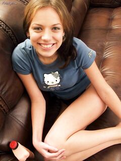 Smiling Titty Babe Babette Strips Her T-shirt And Then Lingerie Playing With A Fat Dildo.