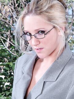 Four-eyed Blonde Alexis Malone In Smart Office Suit Gives A Close-up Of Her Pink Slit