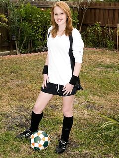 Red-haired Soccer Girl Katey Grind Strips In The Field And Gives A Close-up Of Her Shaved Snatch