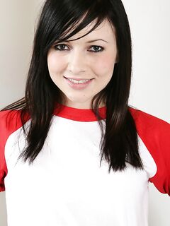 Smiling Brunette Cutie Ashli Orion In Red And White Gets Naked Showing Her Private Parts