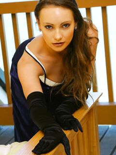 Sexy Lady Stacey OConnell In Long Gloves Wears Snow White Lingerie Under Her Evening Dress